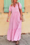 Pink Stripe V Neck Puff Short Sleeve Maxi Dress